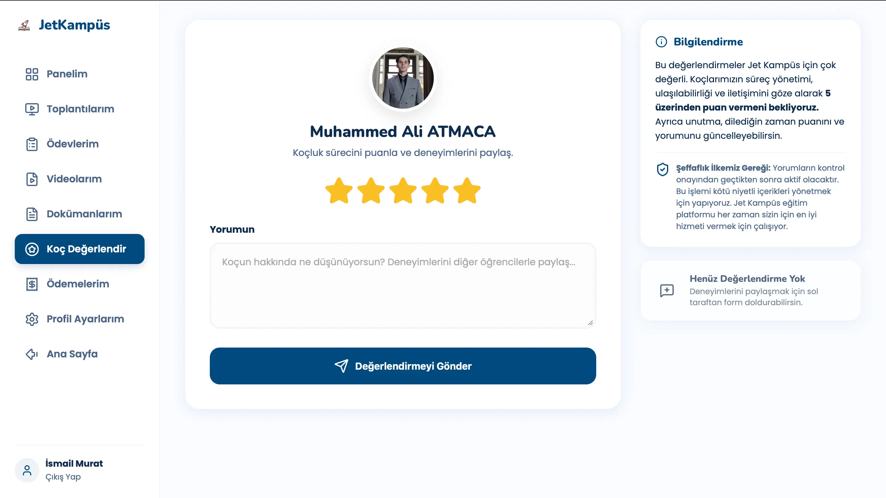 Eğitim Koçu ve PDR Uzmanı Değerlendirme Ekranı